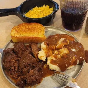 YUMMERS! COMFORT FOOD INDEED GOOD AS IT LOOKS NOVEMBER 10TH 2023 Pot roast dinner smashed taters and gravy corn Diet Pepsi garlic toast