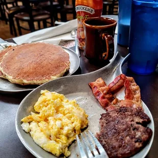 Hot cake combo. Egg soft scrambled breakfast sausage sugar-free syrup for the pancakes decaf coffee going to sleep