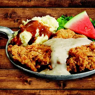 fried chicken with gravy and watermelon