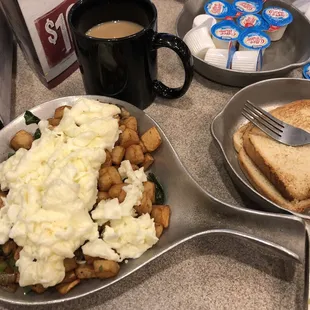 Egg white Veggie skillet with cubed potatoes, peppers, mushrooms and onions. You can get hotcakes, toast or biscuit. $9