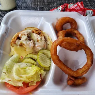 Southwest chicken sandwich.  Up-charged 99 cents for four onion rings.  Chicken was miniscule!