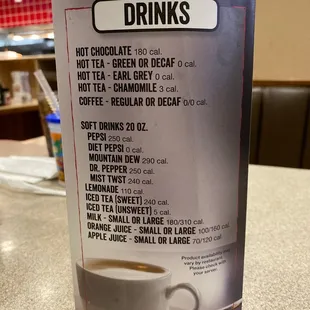 Drinks menu