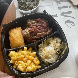 Meatloaf, 3 sides collard greens, macaroni and cabbage