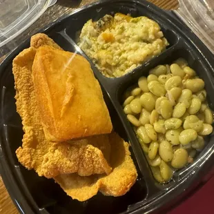 Catfish, broccoli, cheese casserole, lima beans, and cornbread