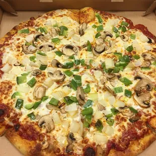 New take out pizza. Veggie pizza is onion bell pepper and mushroom.