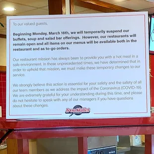 Buffet Closed Temporarily