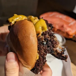 A true smashed burger where it's flattened and gets the benefit of a crispy beefy char