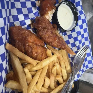 Dipped chicken tenders and fries with ranch