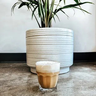 Iced vanilla latte with peanut butter cold foam