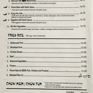 Vegetables, Fried Rice, Chow Mein Menu - January 2025