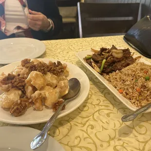 Honey walnut shrimp, Mongolian beef and fried rice