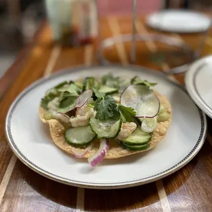 Shrimp aquachile tostada