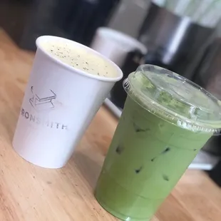 Turmeric ginger with oat milk (Hot) Matcha late with extra matcha oat milk (iced)