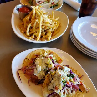 Baja Fish Tacos, Garlic Fries, Golf Club Sandwich