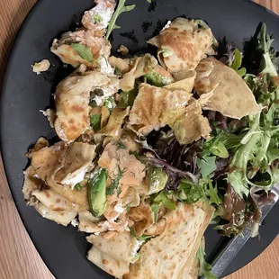 Lox, capers, avocado, goat cheese, spring mix.