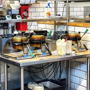 a work station with a variety of waffles