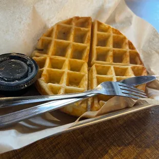 a waffle and a fork