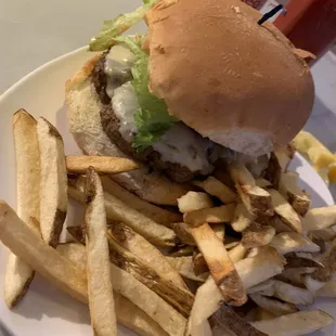a hamburger and french fries
