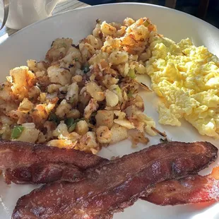 bacon, eggs, and hash browns