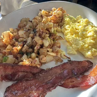 bacon, eggs, and hash browns