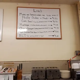 a menu on the wall