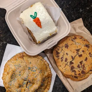 Carrot cake and chocolate chip cookie (pie from neighbors :)