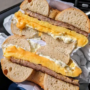 Sausage egg and cheese on salt and pepper bagel - lifewithhanny