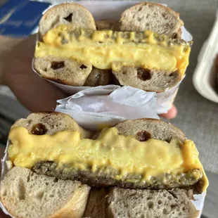 Sausage egg and cheese on raisin bagel