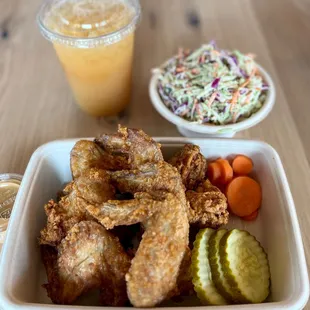 Six 6 whole wings and broccoli slaw - small side with pineapple apple basil drink!