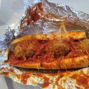 Meatball sub. Homemade, moist meatball and sauce is on point!