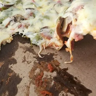 Burnt, but raw dough in center all raw not fresh ingredients fall off when try to pick up. Raw dough center has to be lifted with fork