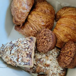 Ham &amp; cheese, plain croissants, almond croissant, almond custard, almondines