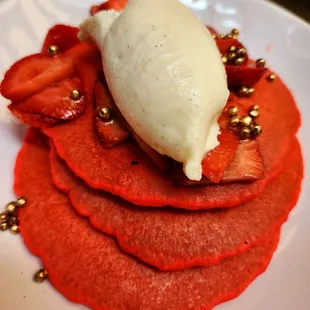 Strawberry &amp; Champagne Pancakes with gold leaf