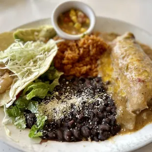 Shrimp taco &amp; vegan tamale with rice and beans