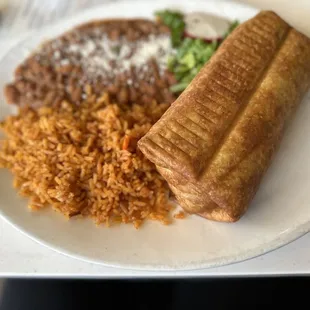 Carnita chimichanga with rice &amp; beans