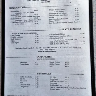 Mexican food figures prominently.  This is the lunch side.  Breakfast is on the other side.  Note at top right hand: closed on Thursdays.