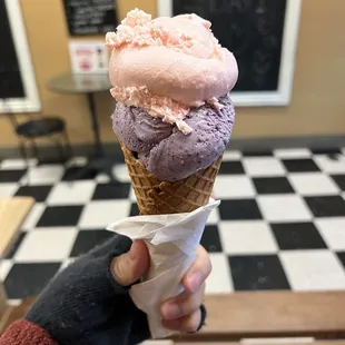 Honey rose and blueberry ice cream with waffle cone