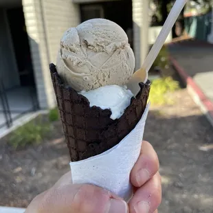 Single of vanilla bean and coffee in a chocolate waffle cone