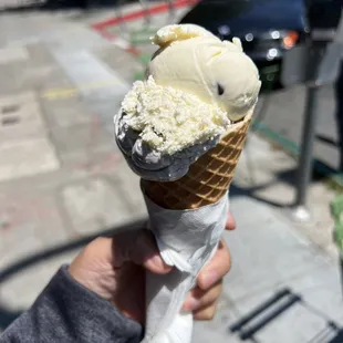 Mint chip and honey lavender on waffle cone