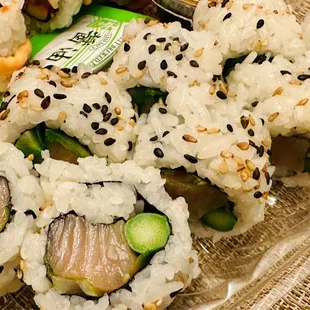 Yellow Wolf - Yellowtail, scallions, asparagus, jalapeno, sesame seeds