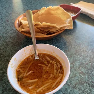 Fideo, chips and salsa before your meal. It's free and delicious