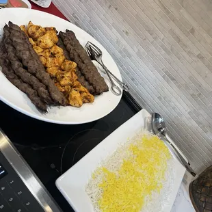 Beef, chicken, and the rice!