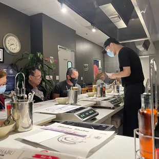 a group of people in a restaurant