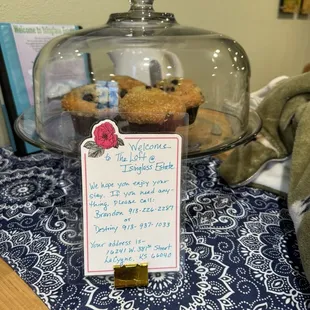 We were greeted with muffins, orange juice, and milk at the Airbnb on the property!