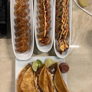 Cielo Mar y Tierra, Salmon Frito Tempura, Crispy Mango Roll