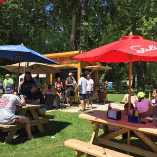 Eating/drinking outside on picnic tables.