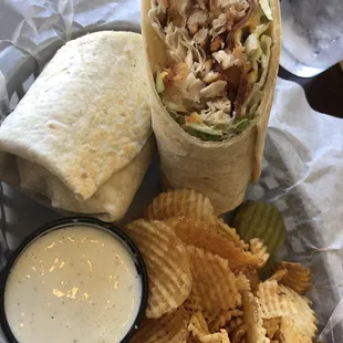 Chicken bacon ranch wrap and pub chips!