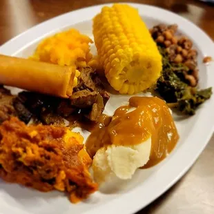 Lasagna  Mashed and gravy Corn Collard greens  Black-eyed peas Mac cheese Shrimp roll Pepperd beef