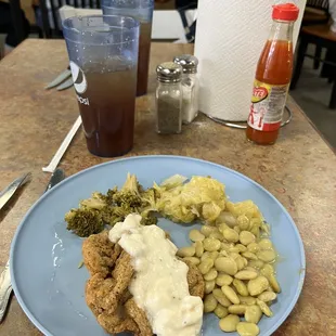 Chicken fried steak and gravy and butter beans