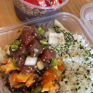 Keep It Clean Bowl &amp; Shoyu Ahi with squid salad and kimchi cucumber salad